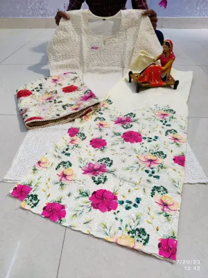 🌸 Enchanting Chikankari Sequins White Kurti Set with Peach Pink Floral Digital Print Sharara and Dupatta🌸
