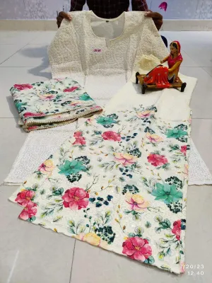 🌸 Enchanting Chikankari Sequins White Kurti Set with Teal Pink Floral Digital Print Sharara and Dupatta🌸