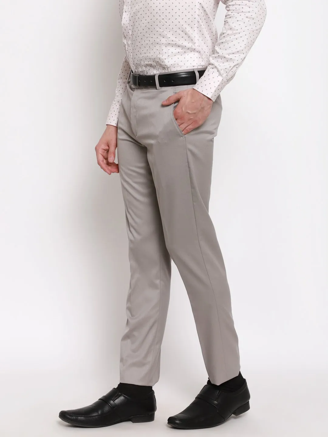 AmericanElm Men's Light Grey Solid Slim Fit stretchable Formal Trouser