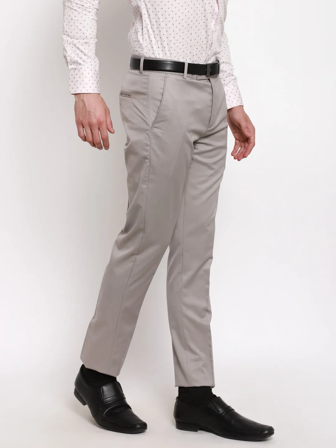 AmericanElm Men's Light Grey Solid Slim Fit stretchable Formal Trouser