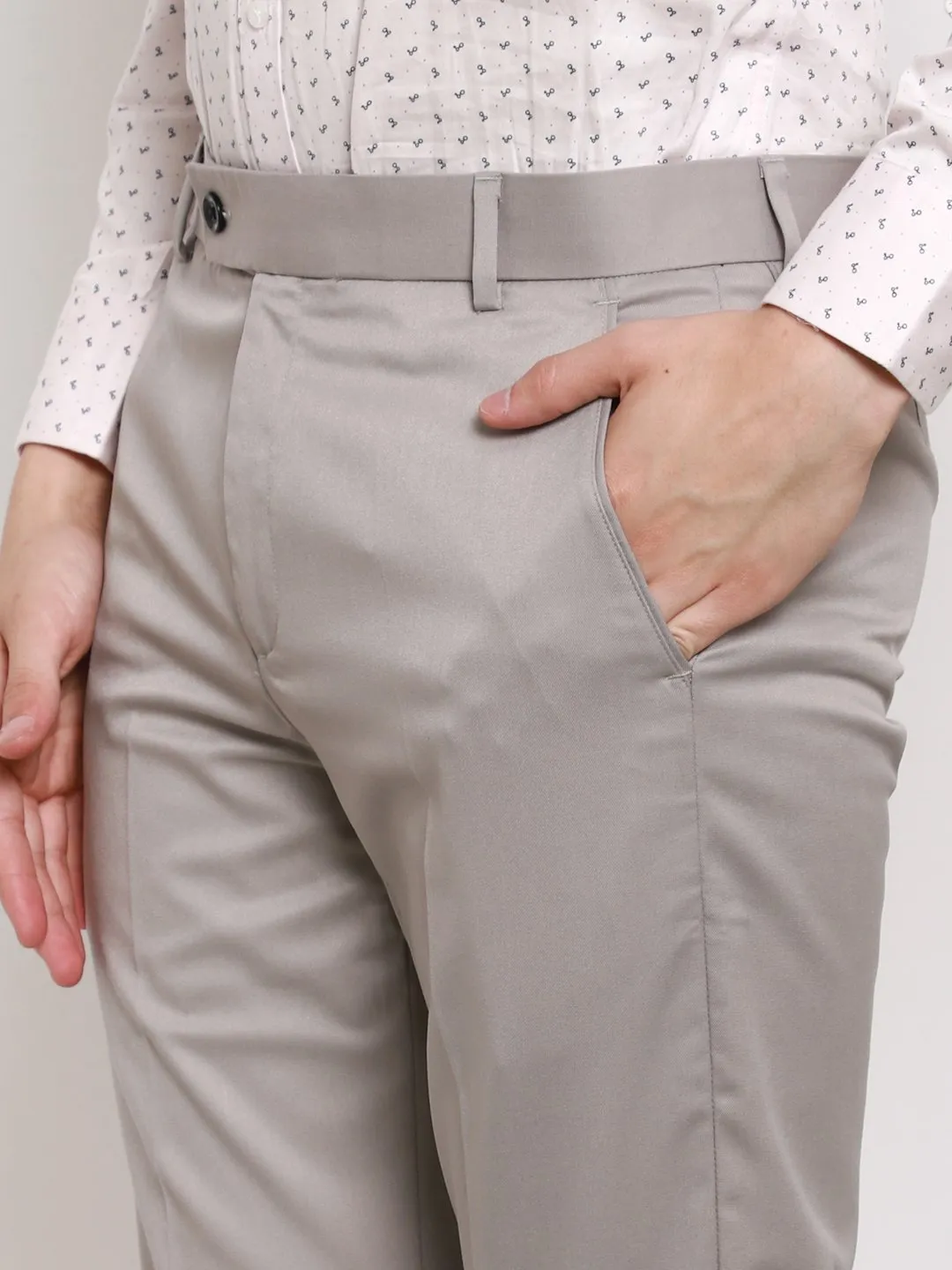 AmericanElm Men's Light Grey Solid Slim Fit stretchable Formal Trouser