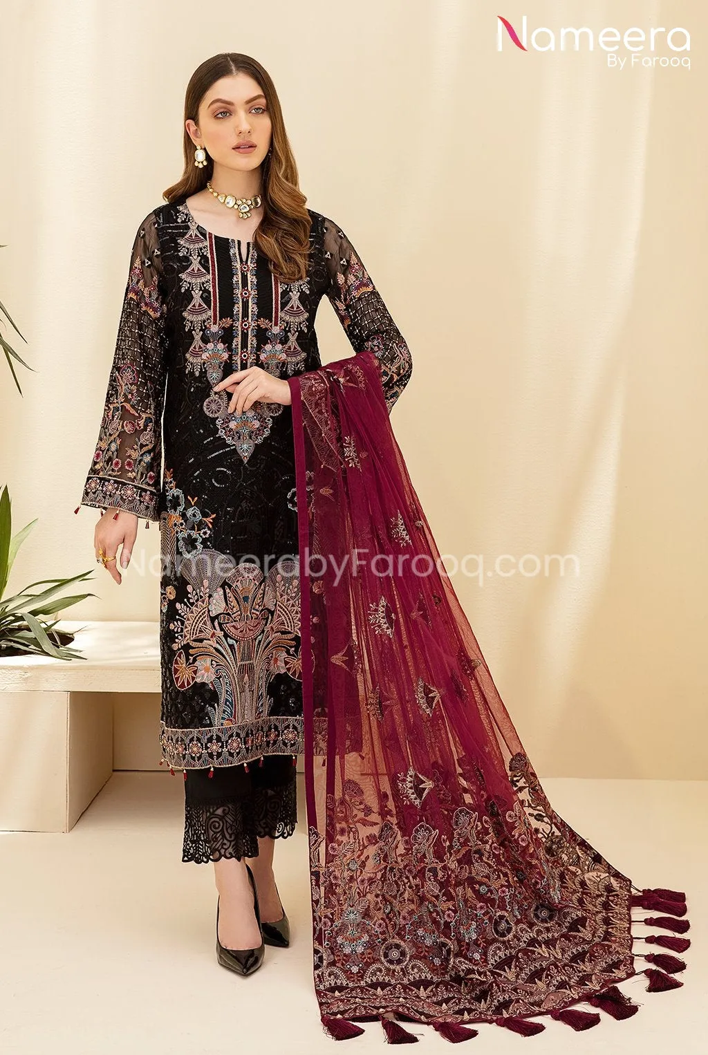 Baroque Pakistani Black Dress Party Wear Online #PF96