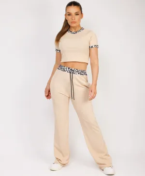 Beige Leopard Trim Ribbed Crop Top & Trouser Loungewear Set