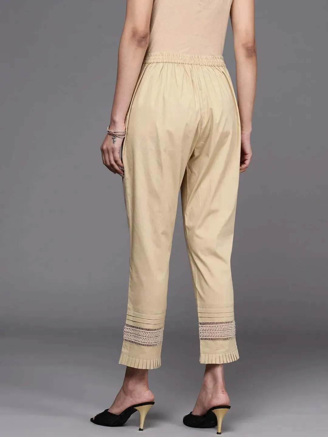 Beige Solid Cotton Trousers