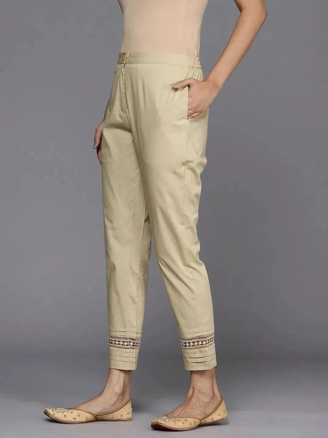 Beige Solid Cotton Trousers