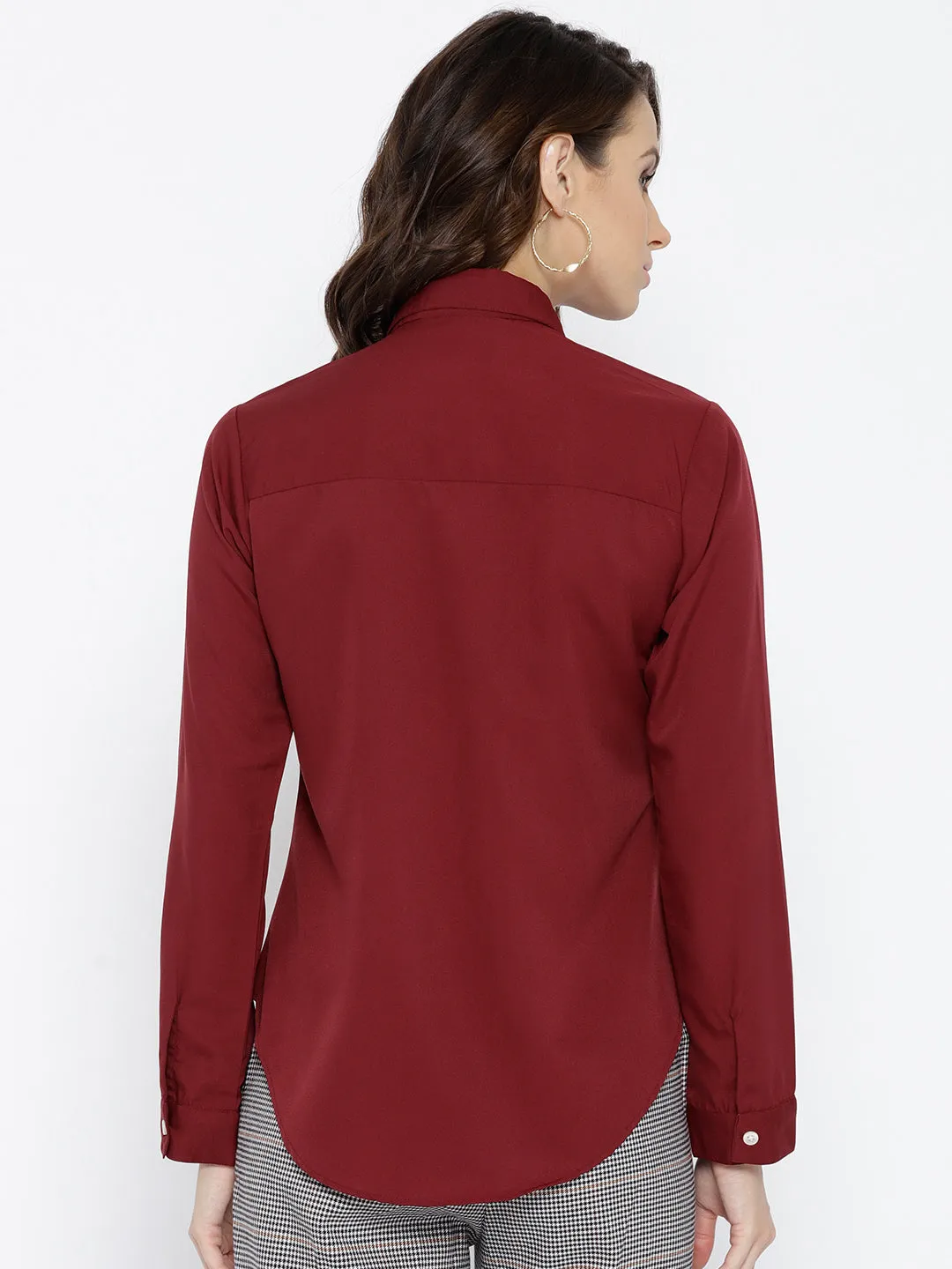 Berrylush Women Solid Maroon Spread Collar Neck Button Placket Curved Regular Shirt