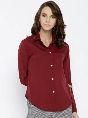 Berrylush Women Solid Maroon Spread Collar Neck Button Placket Curved Regular Shirt
