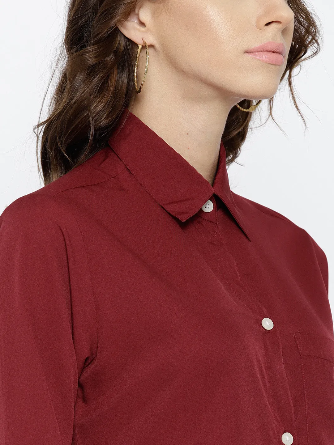 Berrylush Women Solid Maroon Spread Collar Neck Button Placket Curved Regular Shirt
