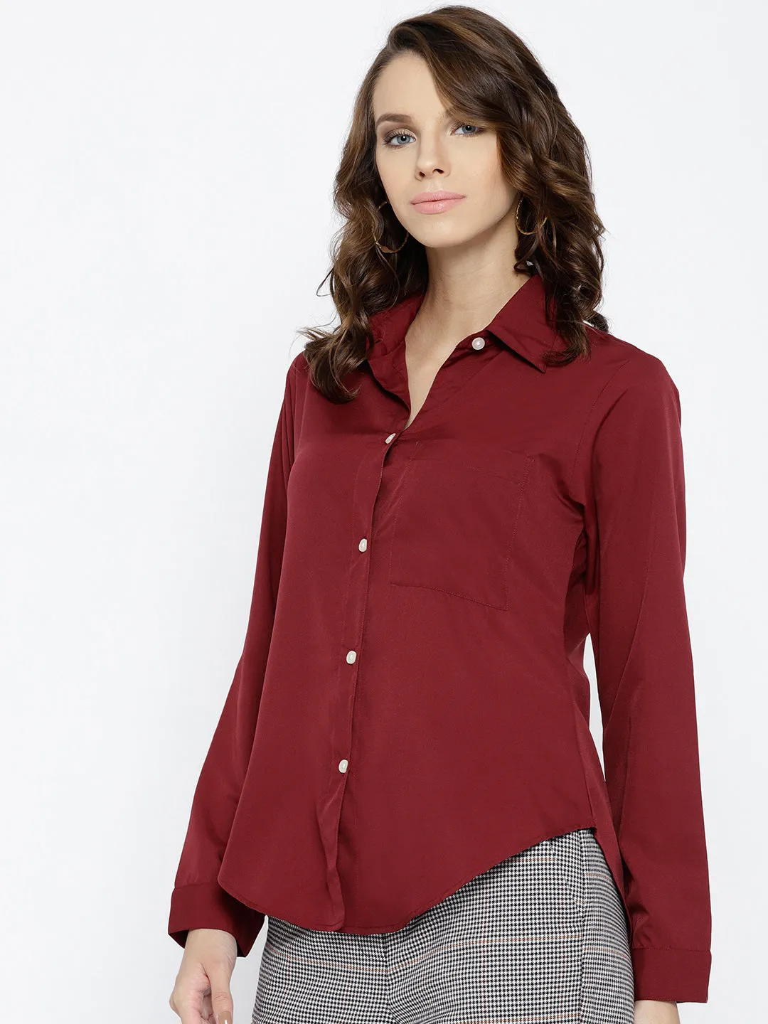Berrylush Women Solid Maroon Spread Collar Neck Button Placket Curved Regular Shirt