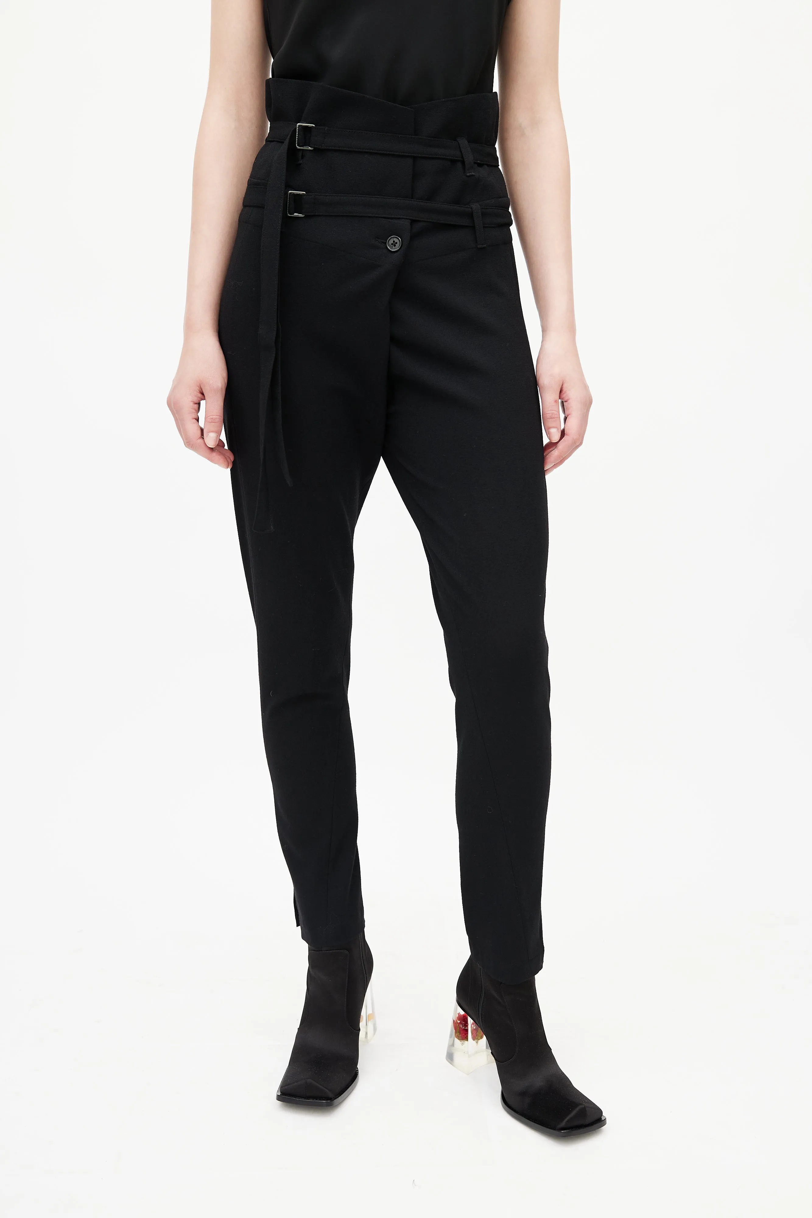 Black Wool High Waisted Belted Trouser
