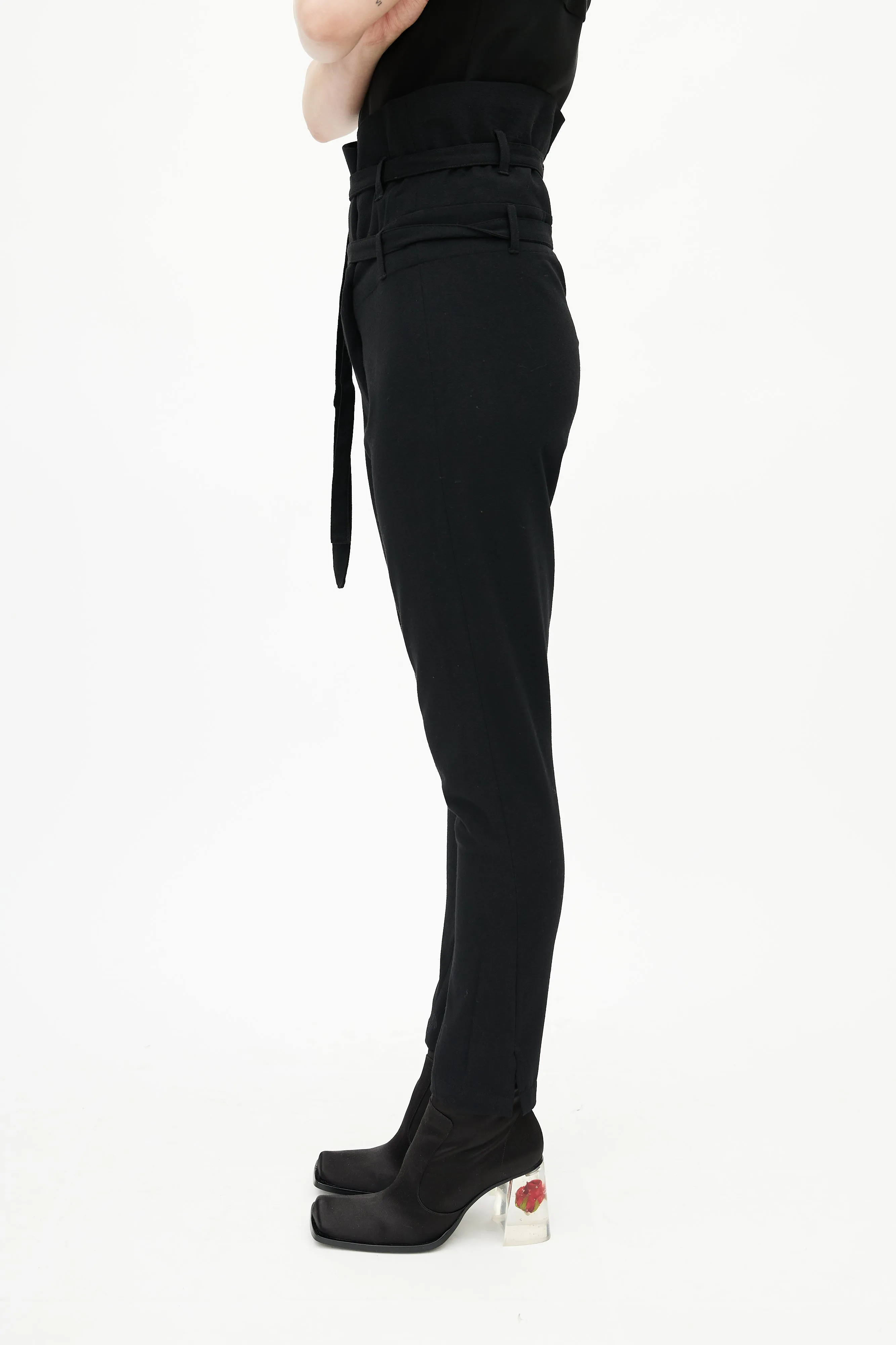 Black Wool High Waisted Belted Trouser