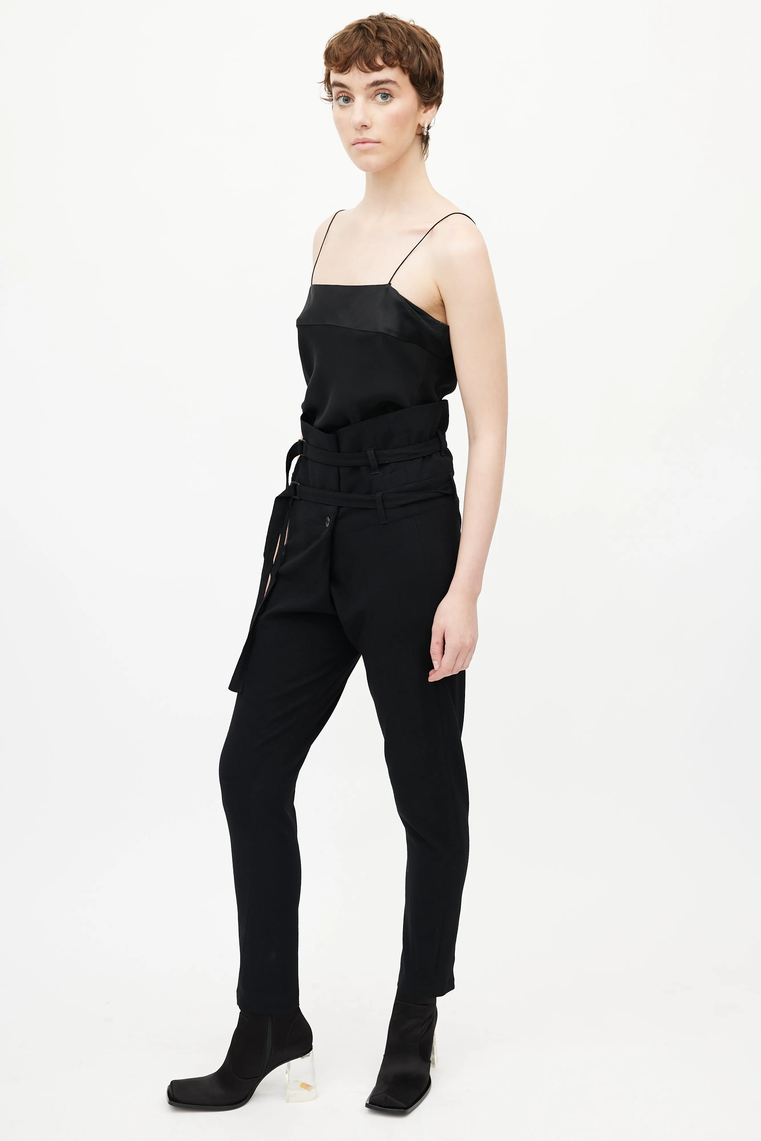 Black Wool High Waisted Belted Trouser