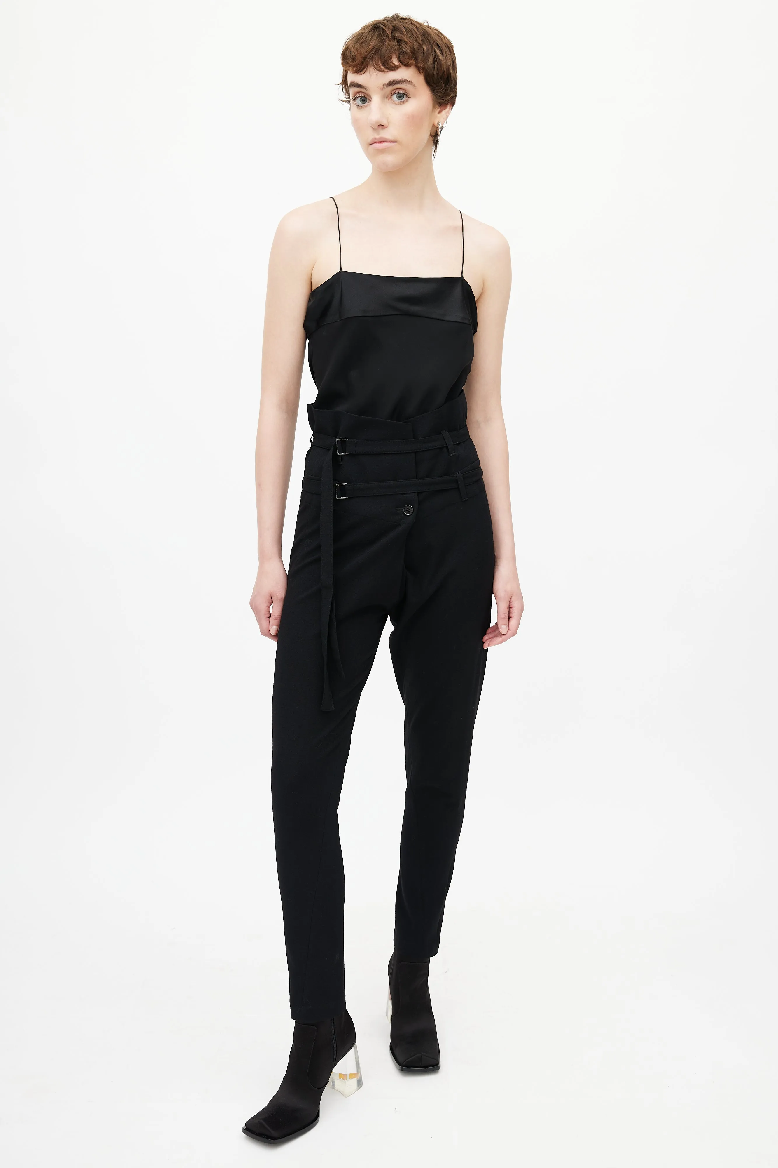 Black Wool High Waisted Belted Trouser