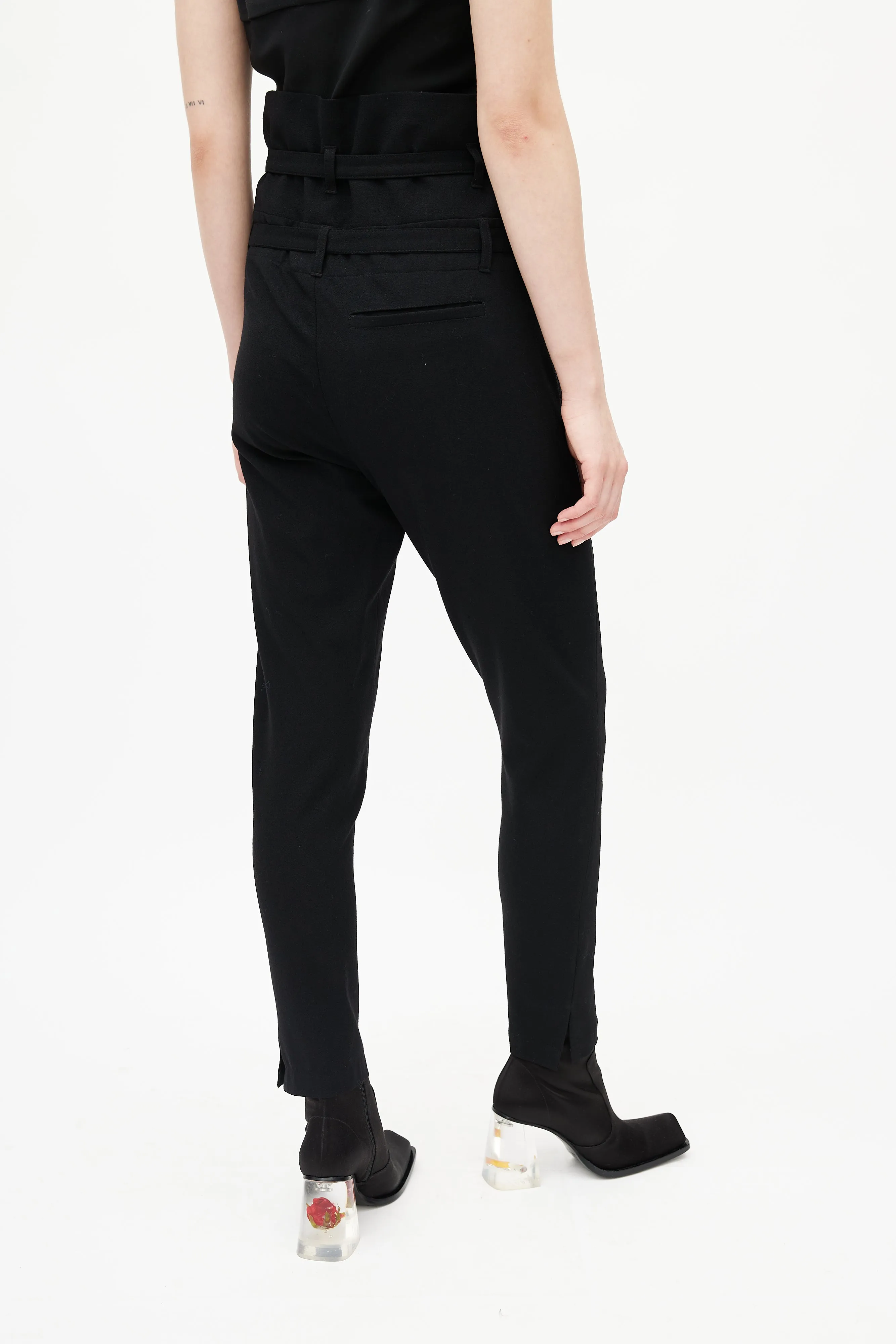 Black Wool High Waisted Belted Trouser