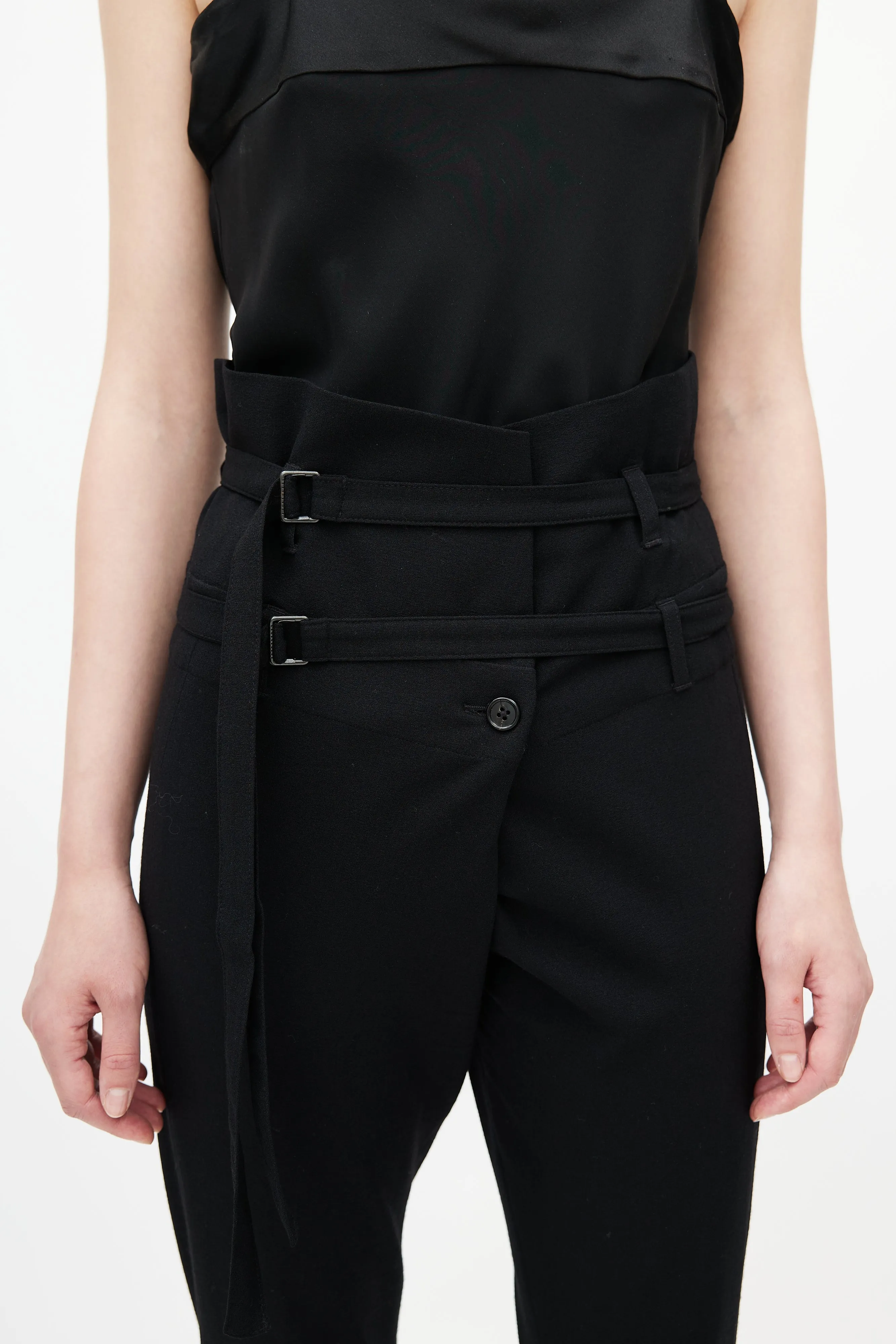 Black Wool High Waisted Belted Trouser