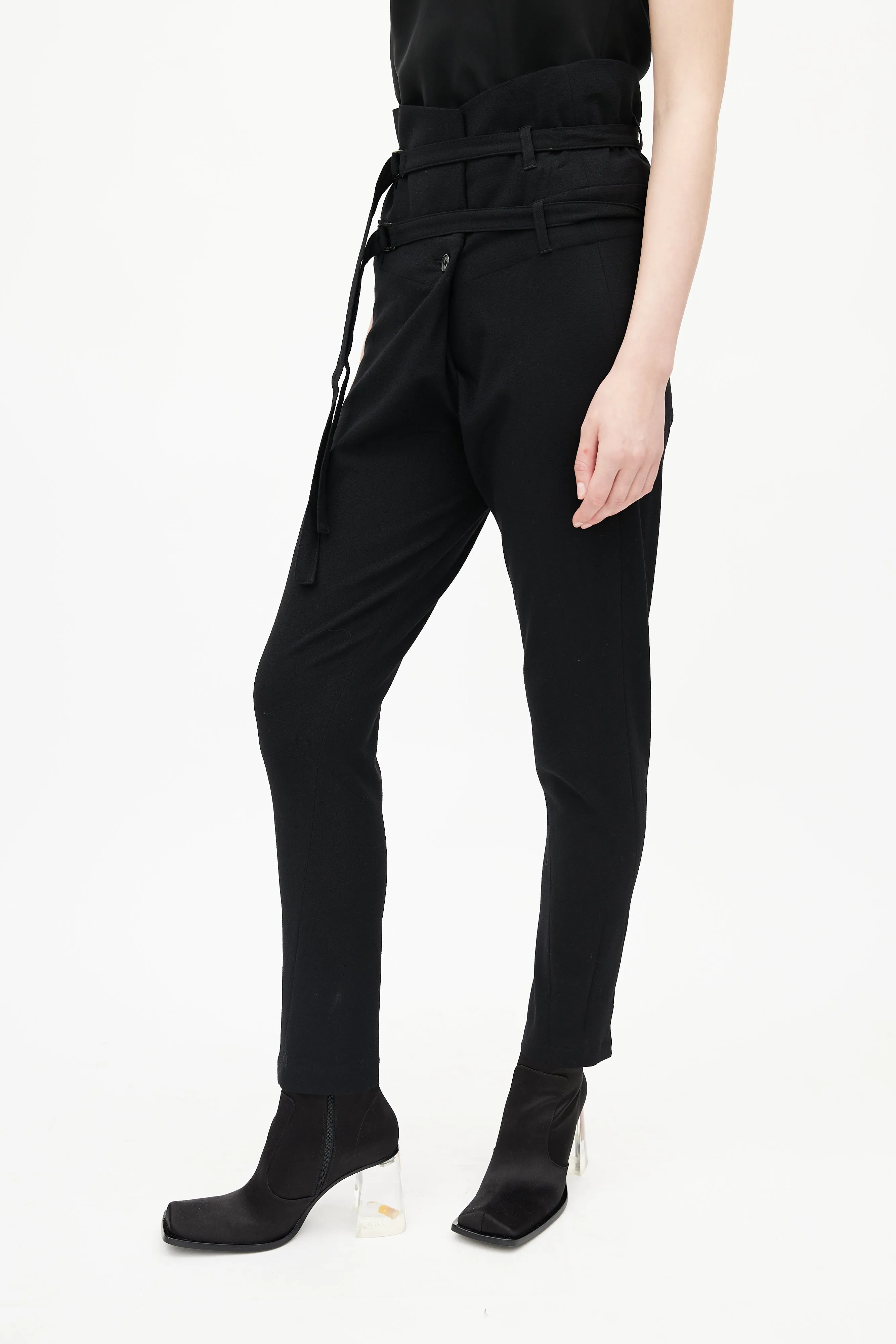 Black Wool High Waisted Belted Trouser