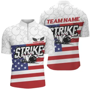 Bowling And Pins American Flag Patriotic League Customized Name, Team Name 3D Zipper Polo Shirt For Men