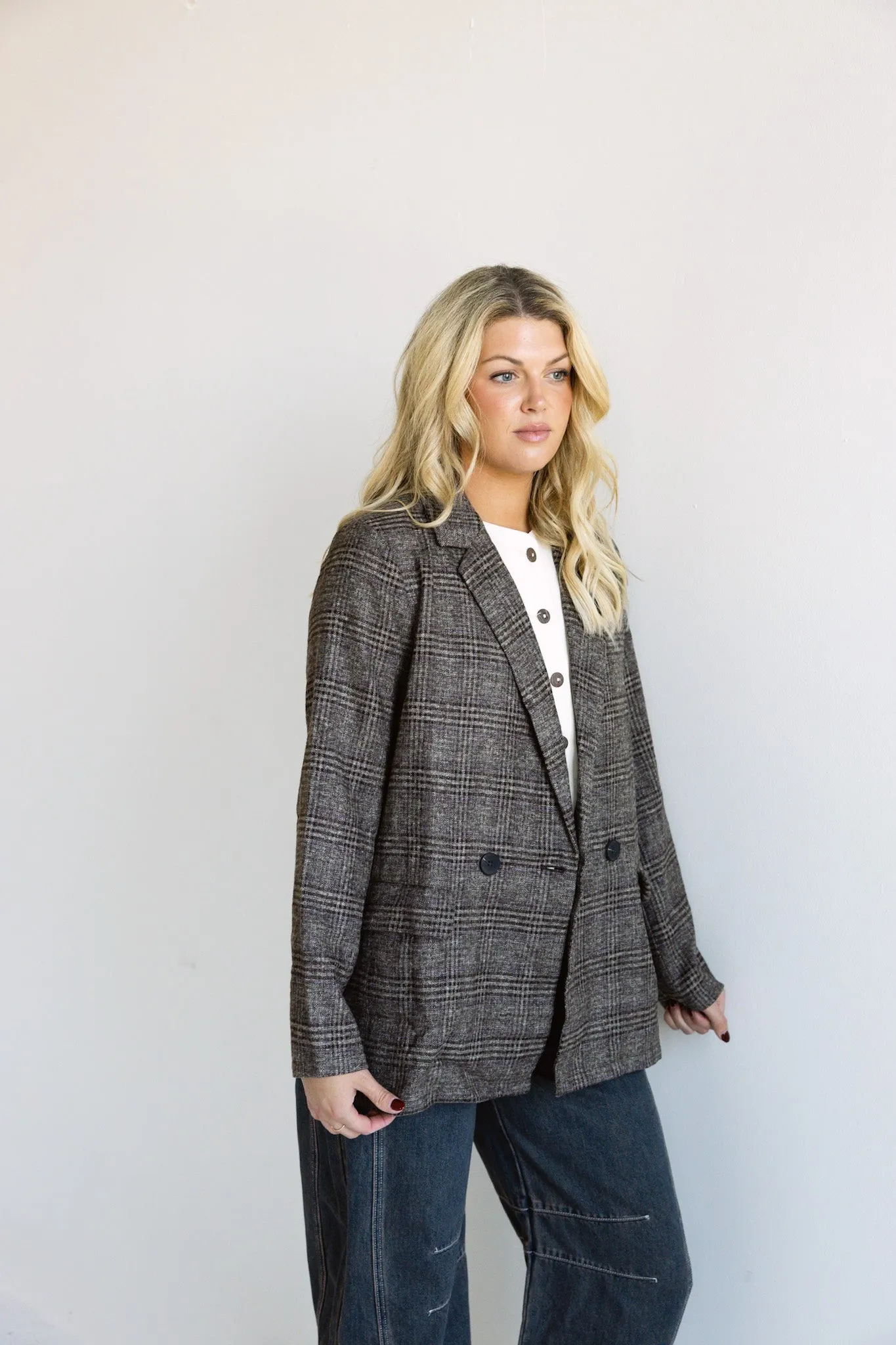 Brown Plaid Double-Breasted Blazer