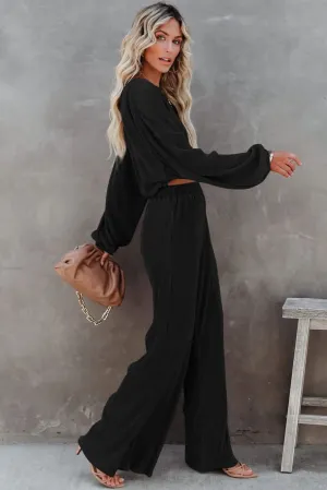 Elegant Black Cropped Sweater and Wide-Leg Trousers Set