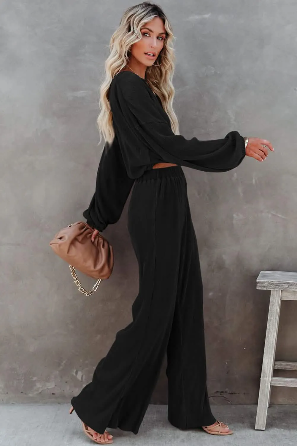 Elegant Black Cropped Sweater and Wide-Leg Trousers Set