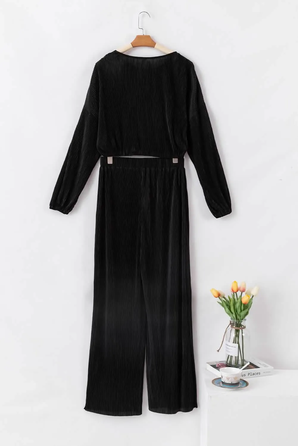 Elegant Black Cropped Sweater and Wide-Leg Trousers Set