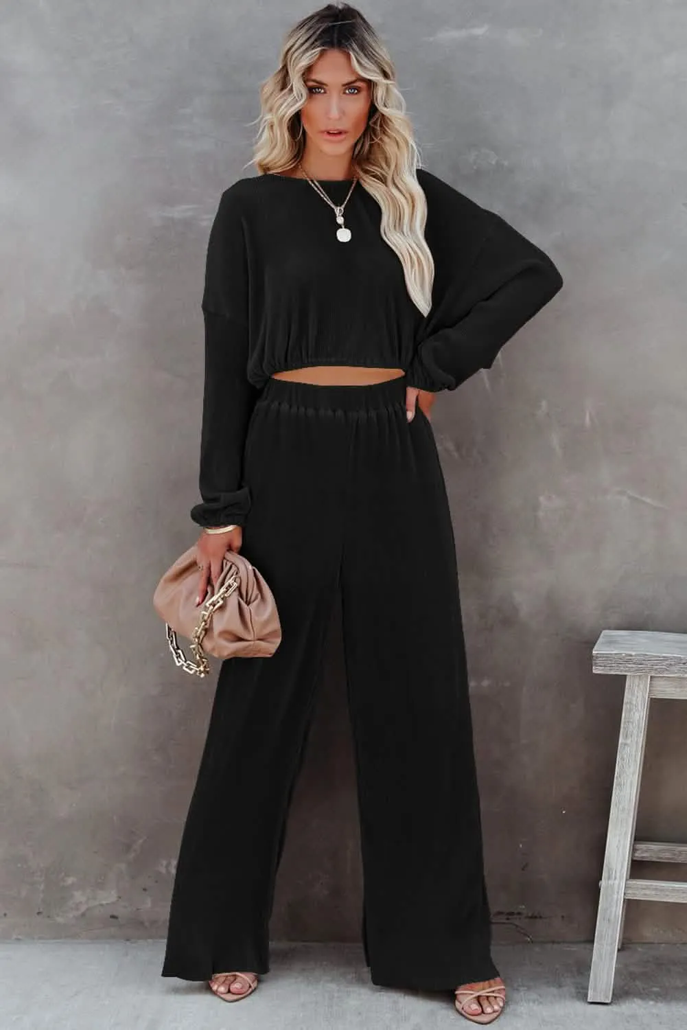 Elegant Black Cropped Sweater and Wide-Leg Trousers Set