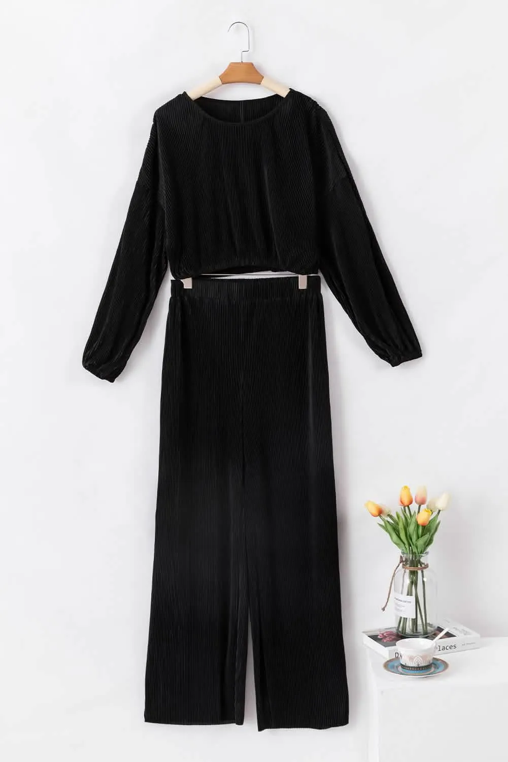 Elegant Black Cropped Sweater and Wide-Leg Trousers Set