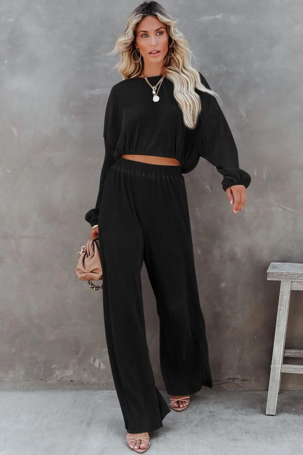 Elegant Black Cropped Sweater and Wide-Leg Trousers Set