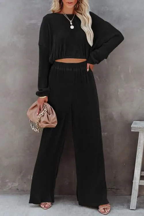 Elegant Black Cropped Sweater and Wide-Leg Trousers Set