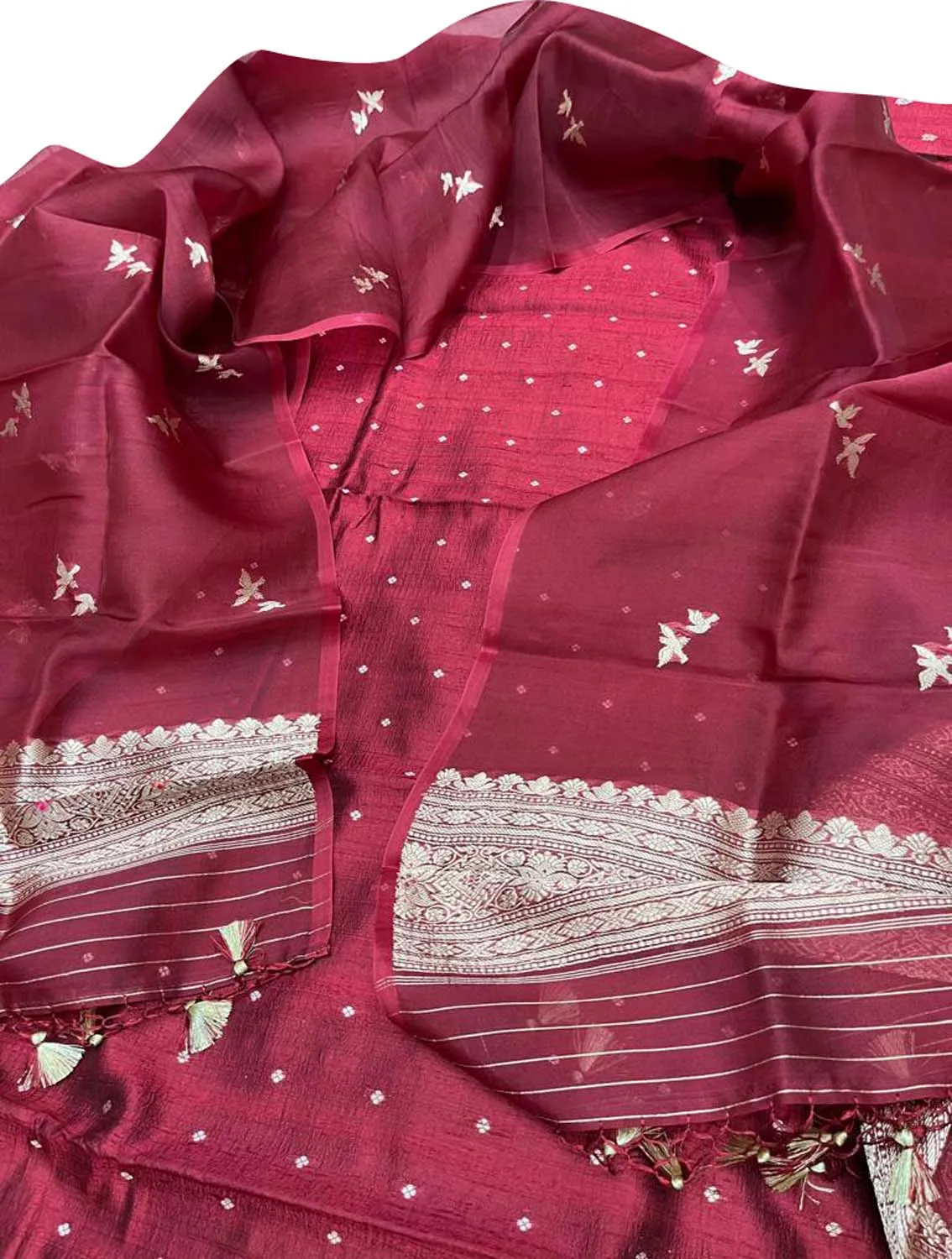 Elegant Maroon Banarasi Silk Suit Set & Organza Dupatta