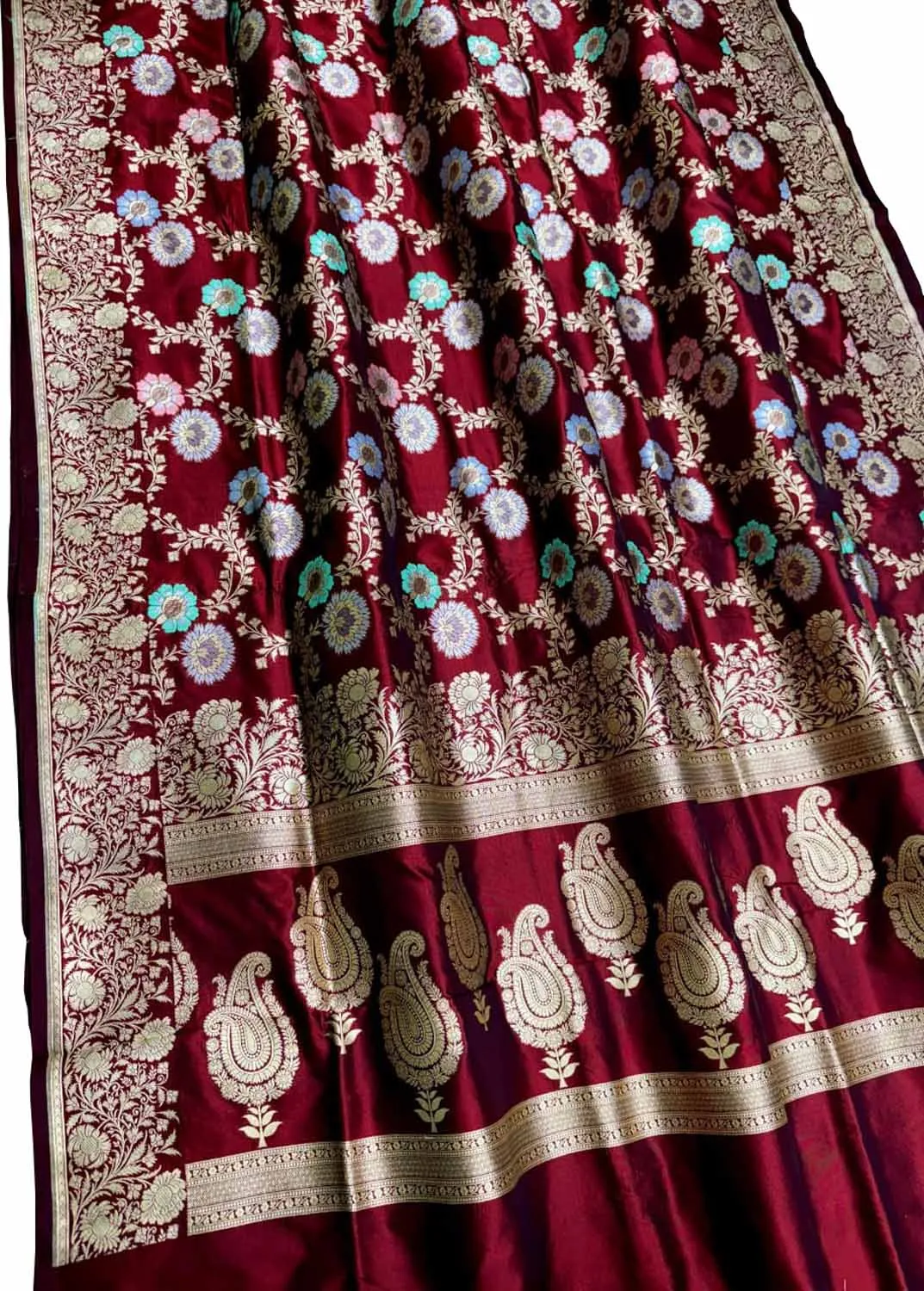 Elegant Maroon Handloom Banarasi Meenakari Saree