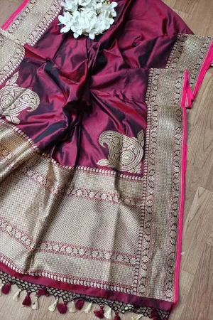 Exquisite Maroon Handloom Banarasi Katan Silk Saree