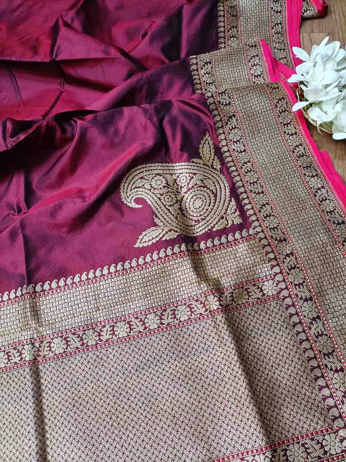 Exquisite Maroon Handloom Banarasi Katan Silk Saree