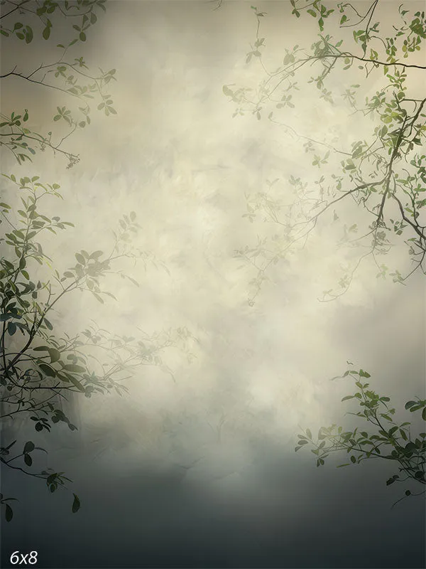 Green Gray Branches Misty Nature Photography Backdrop