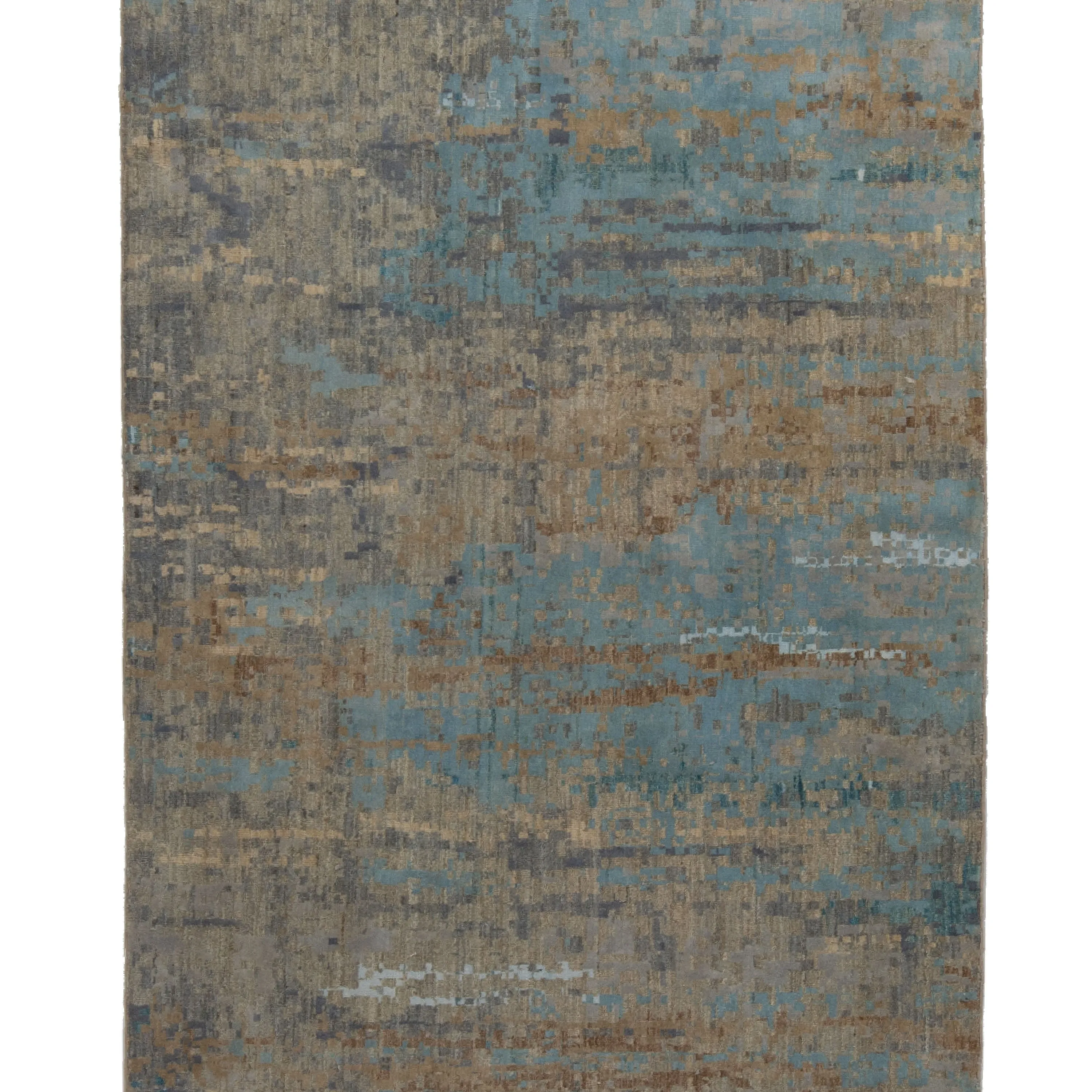 Grey & Blue Modern Wool Silk Blend Runner - 4' x 13'7"