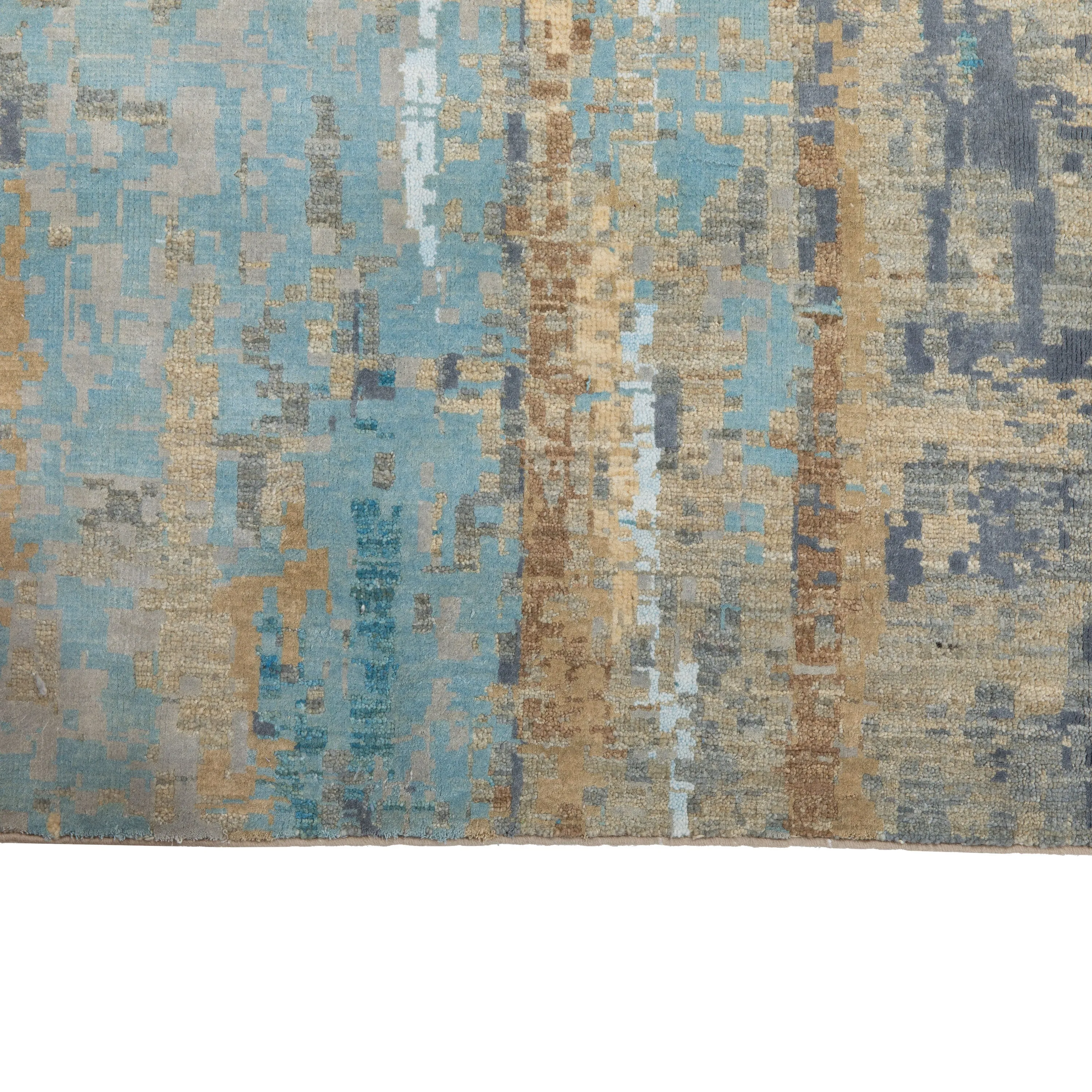 Grey & Blue Modern Wool Silk Blend Runner - 4' x 13'7"
