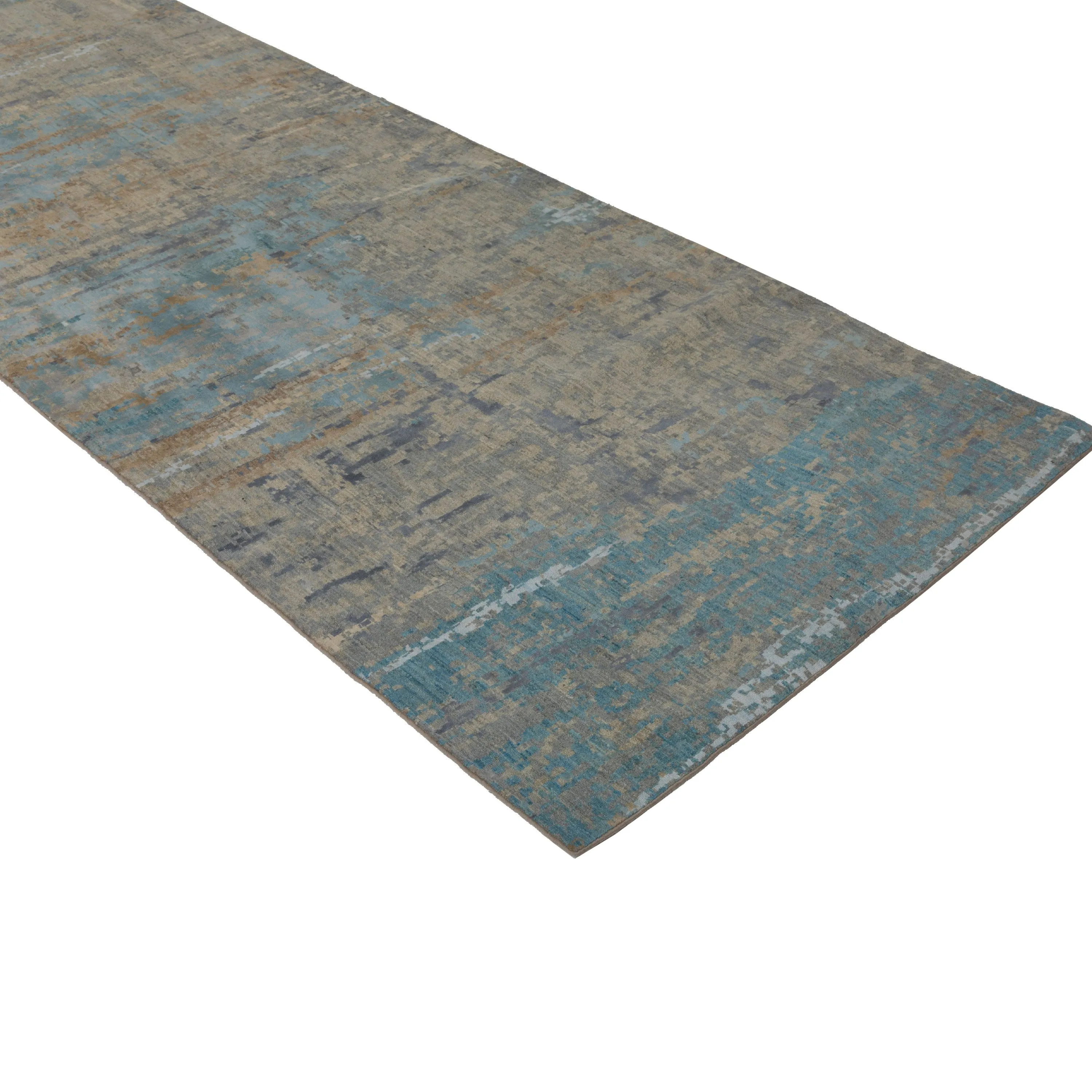 Grey & Blue Modern Wool Silk Blend Runner - 4' x 13'7"