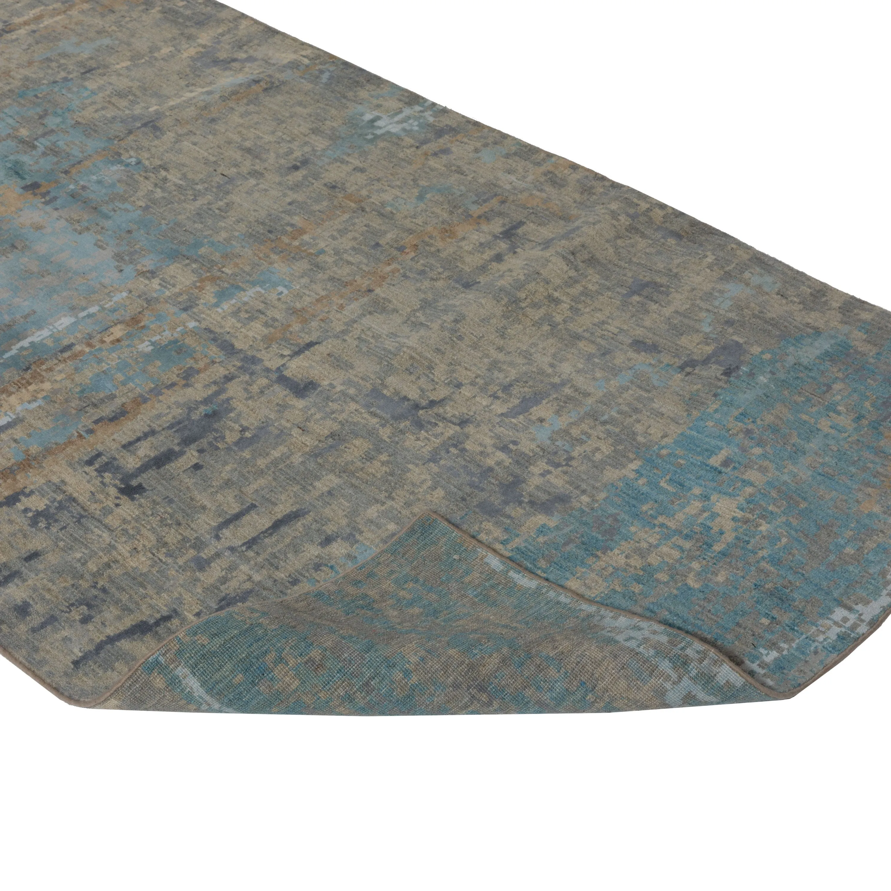 Grey & Blue Modern Wool Silk Blend Runner - 4' x 13'7"