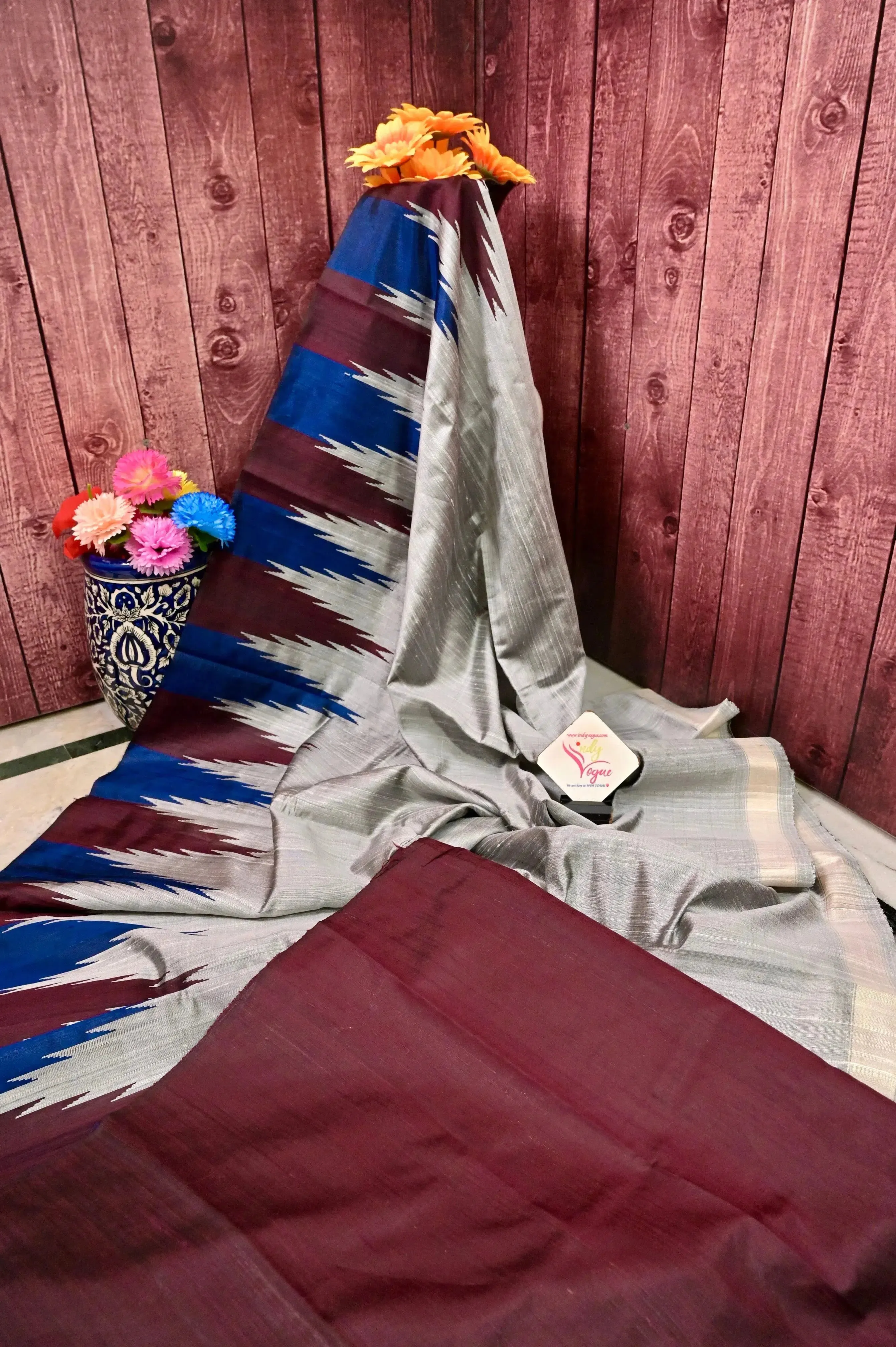 Grey Raw Silk Saree with Vibrant Temple Border