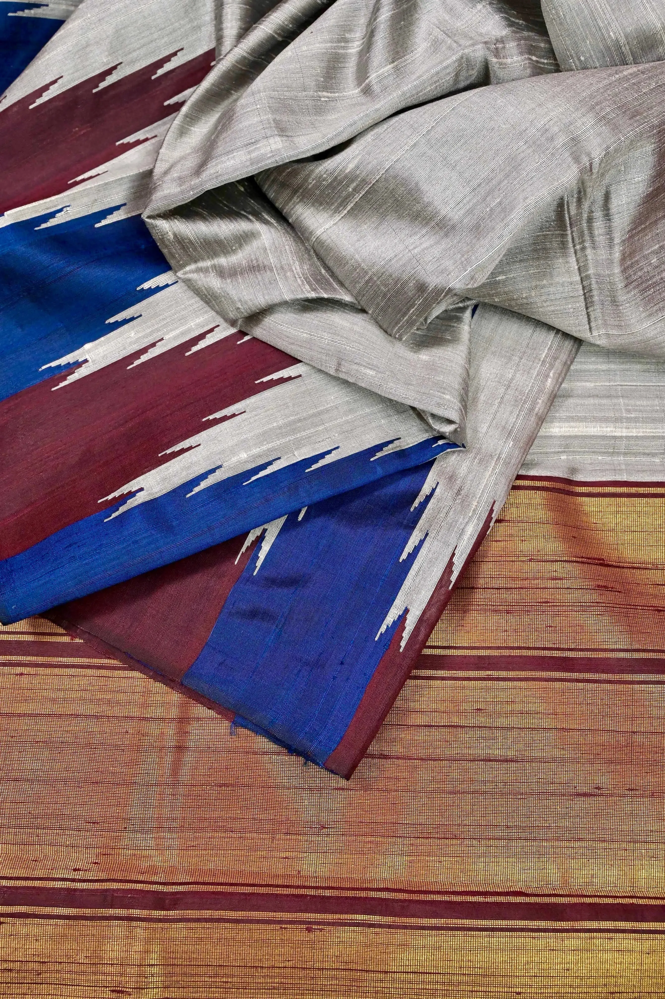 Grey Raw Silk Saree with Vibrant Temple Border