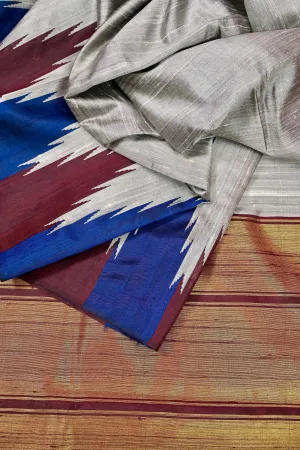 Grey Raw Silk Saree with Vibrant Temple Border