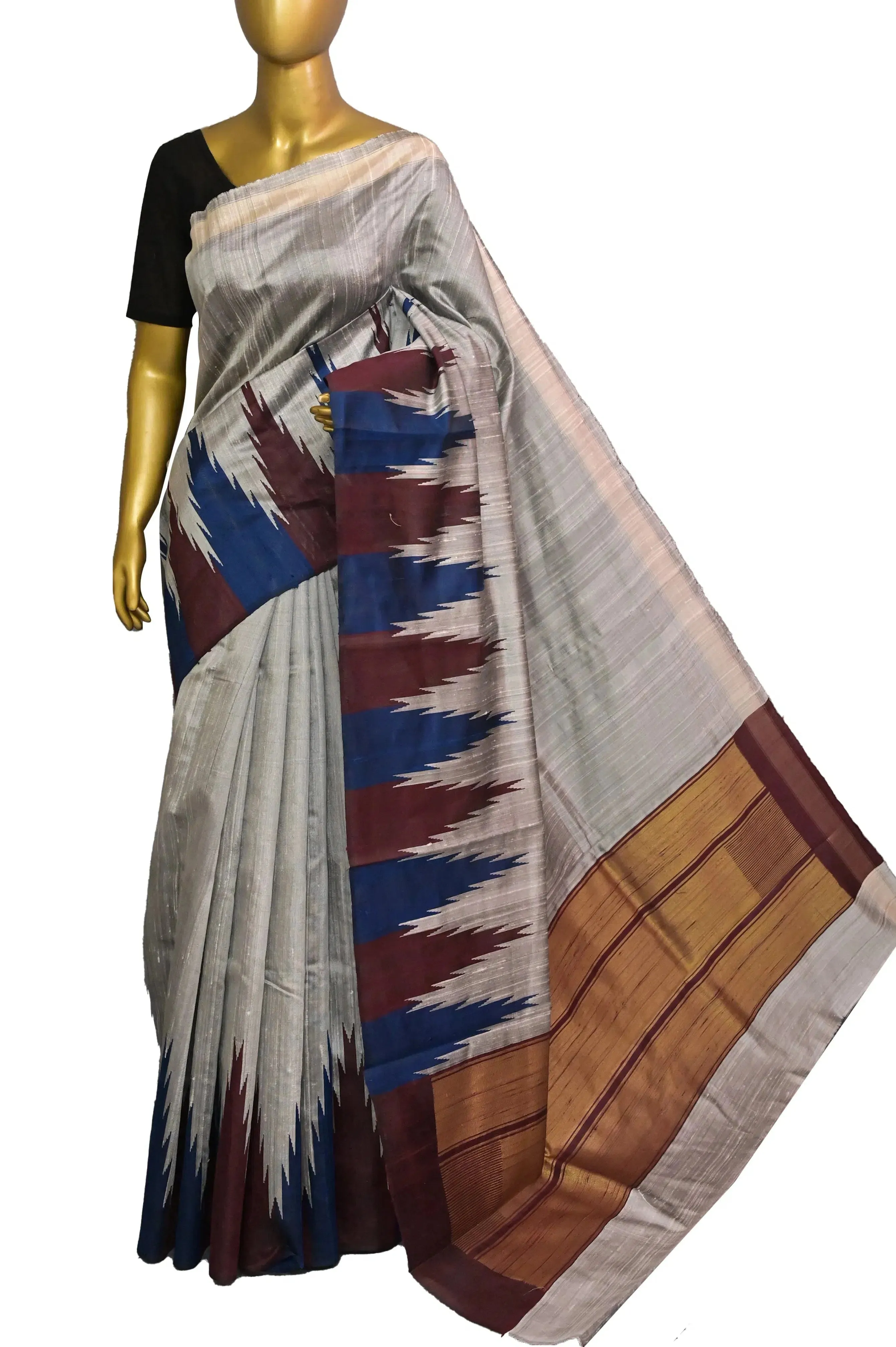 Grey Raw Silk Saree with Vibrant Temple Border