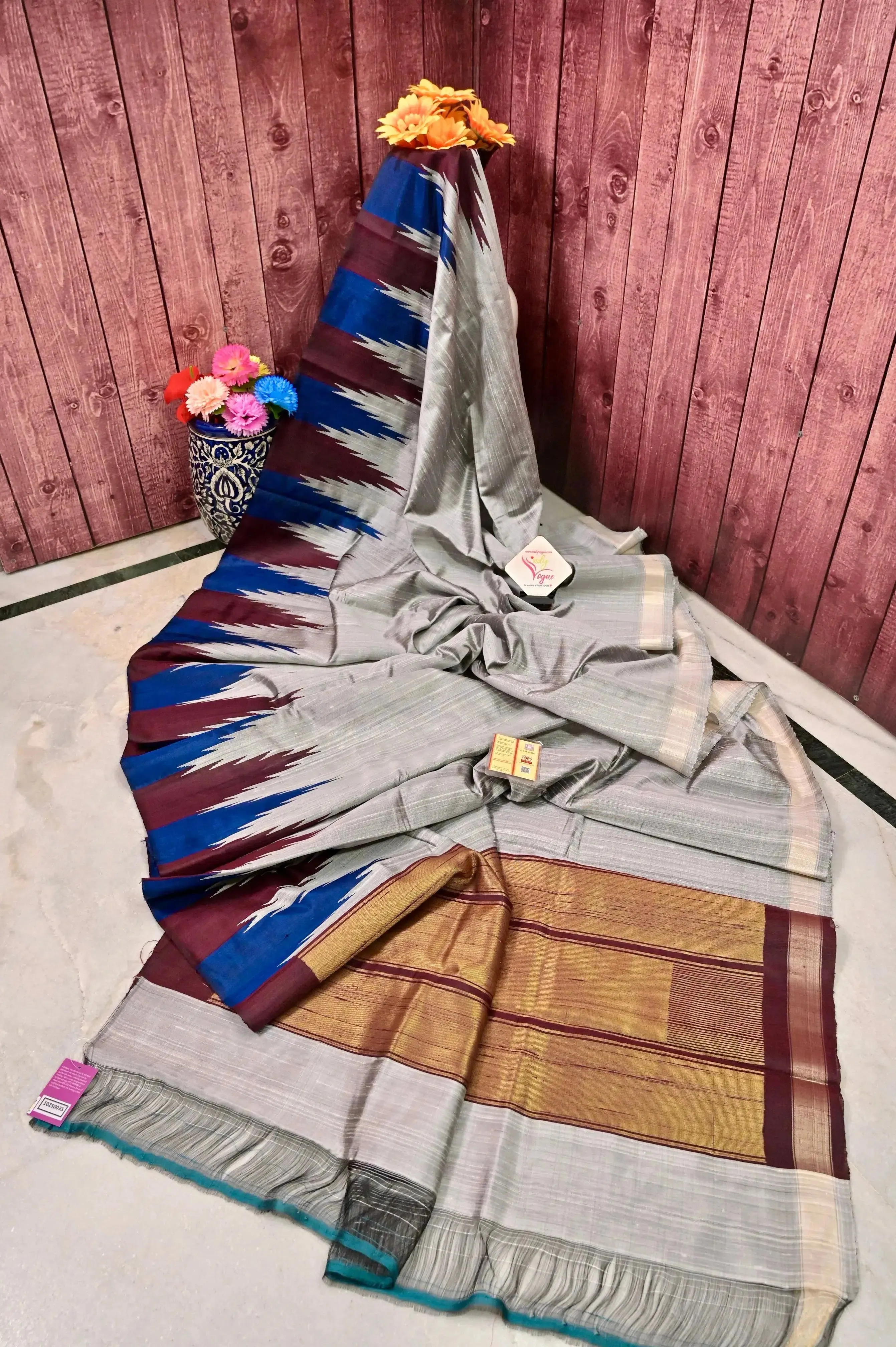 Grey Raw Silk Saree with Vibrant Temple Border