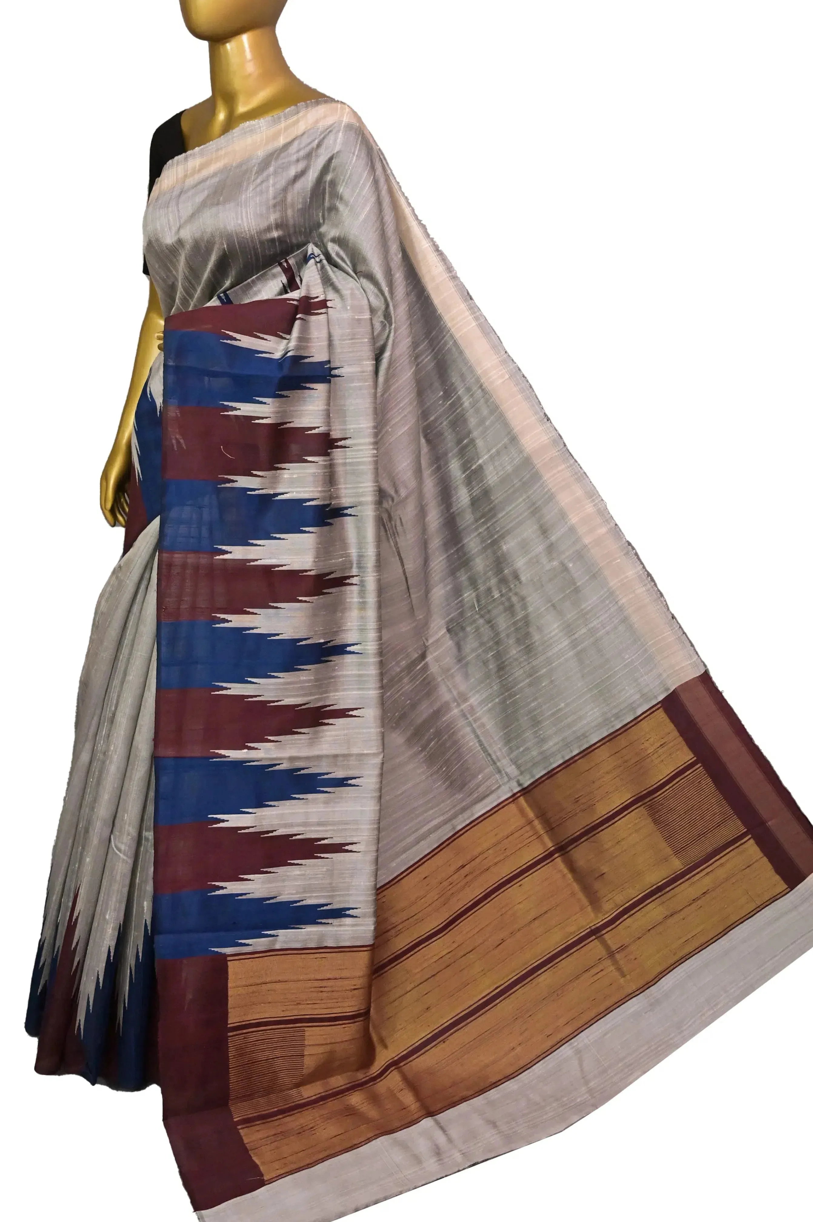 Grey Raw Silk Saree with Vibrant Temple Border