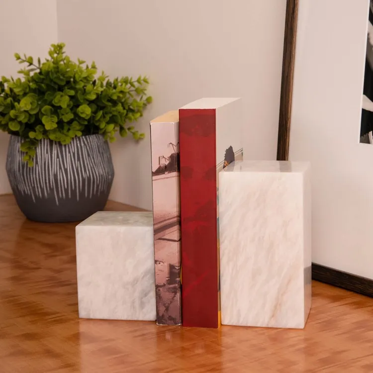 Hathaway White Marble Cube Design Bookends Set of 2