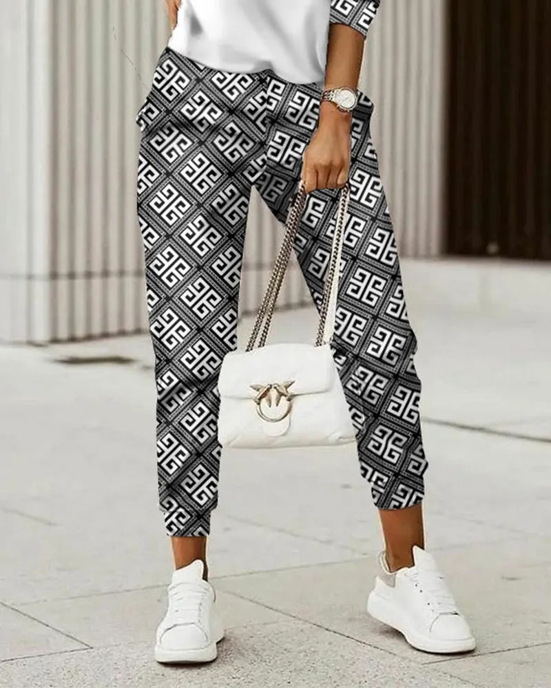 Ivyshape | Commuter Top Printed Trousers Zipper Fashion Suit