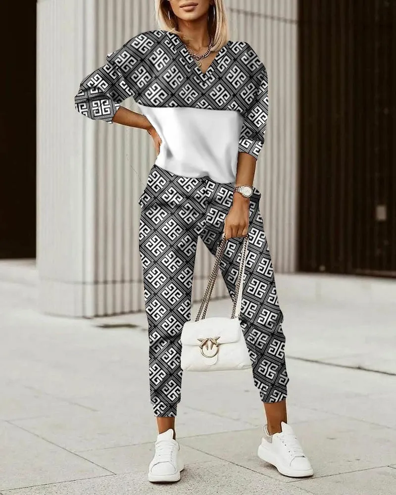 Ivyshape | Commuter Top Printed Trousers Zipper Fashion Suit