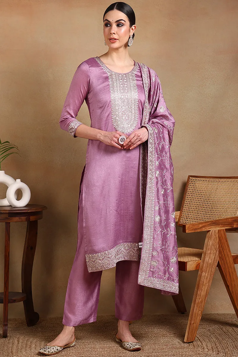Lavender Silk Blend Machine Woven Straight Suit Set