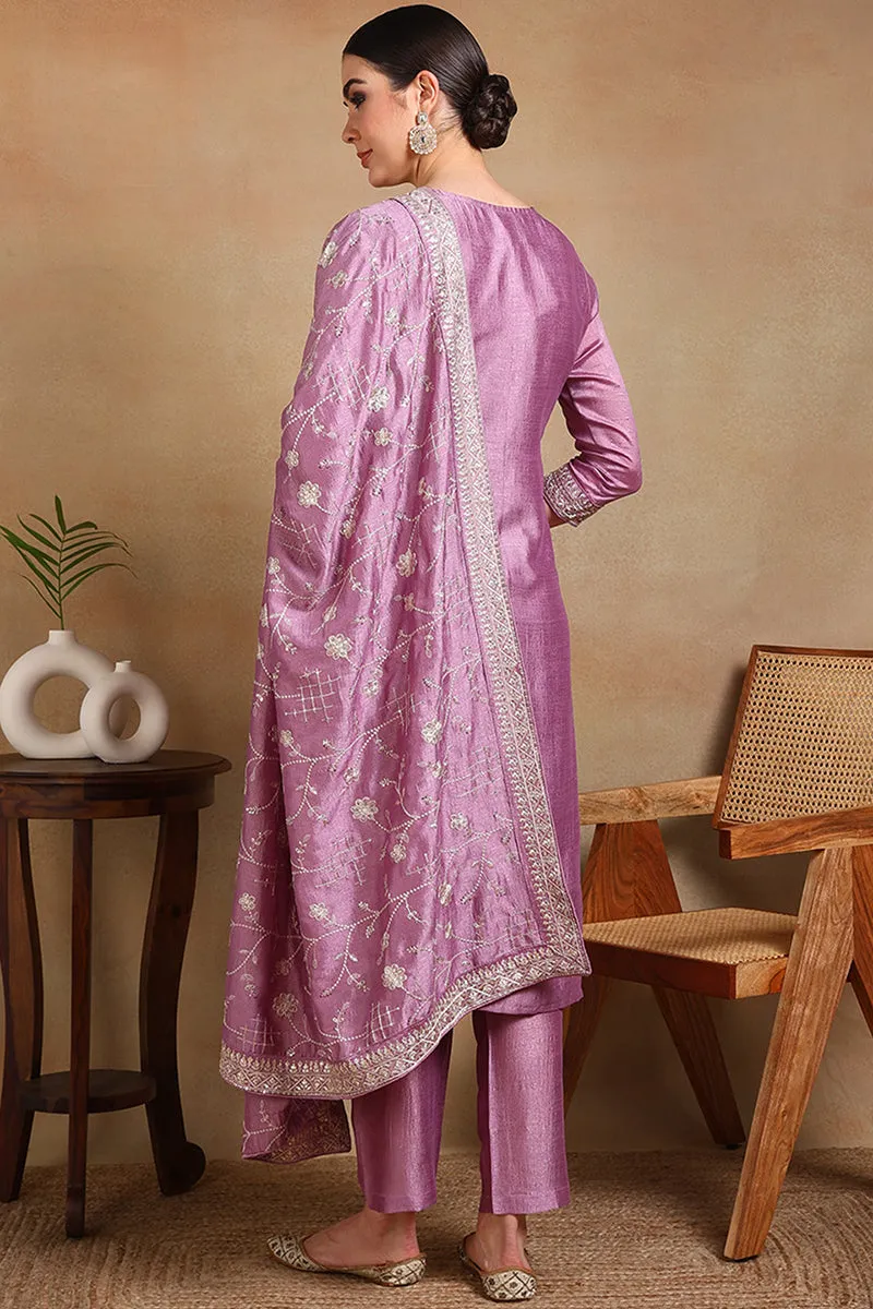 Lavender Silk Blend Machine Woven Straight Suit Set