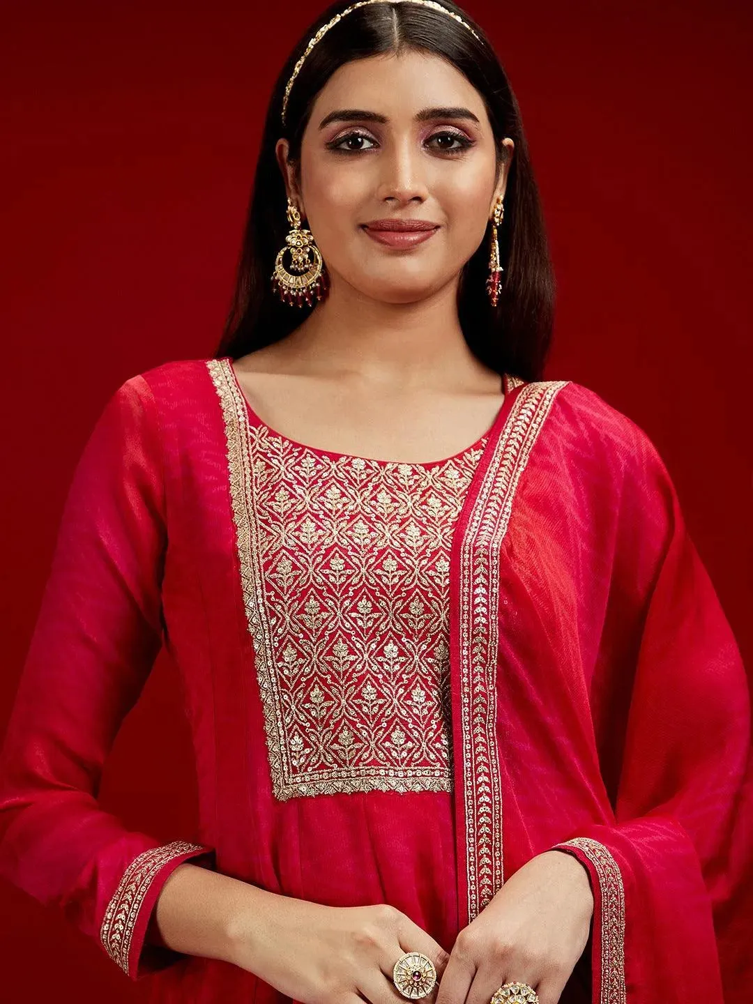 Libas Art Pink Yoke Design Chiffon Anarkali Suit With Dupatta